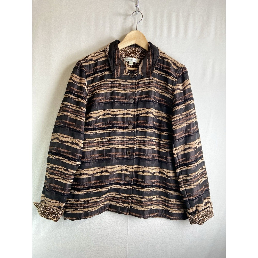 Coldwater Creek Artsy Button Front Jacket Women L  Animal Print Reversible Cuffs